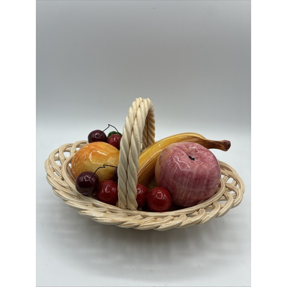 Vintage Italy Bassano Ceramic Fruit Bowl With Braided Rim & Handle